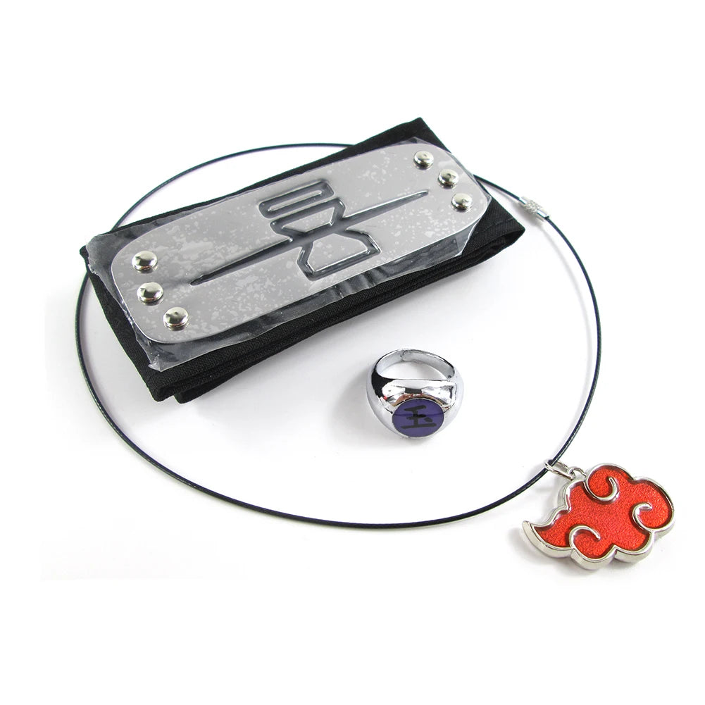 Brdwn Akatsuki Itachi Konoha Pain Deidara Hidan Orochimaru Cosplay Headband Red Cloud Necklace Ring 3Pcs/Set