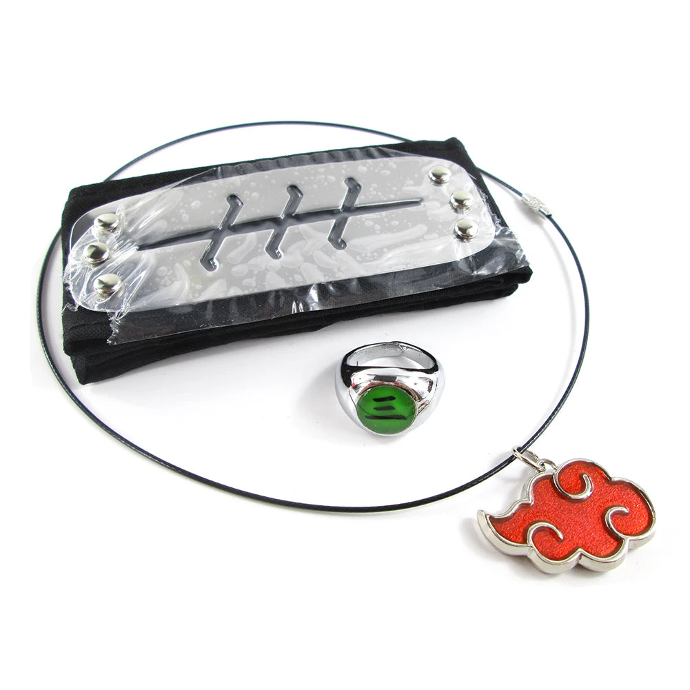 Brdwn Akatsuki Itachi Konoha Pain Deidara Hidan Orochimaru Cosplay Headband Red Cloud Necklace Ring 3Pcs/Set
