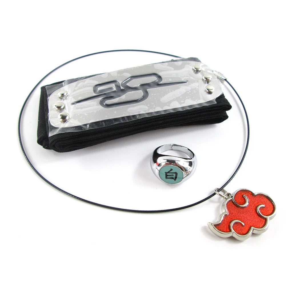 Brdwn Akatsuki Itachi Konoha Pain Deidara Hidan Orochimaru Cosplay Headband Red Cloud Necklace Ring 3Pcs/Set