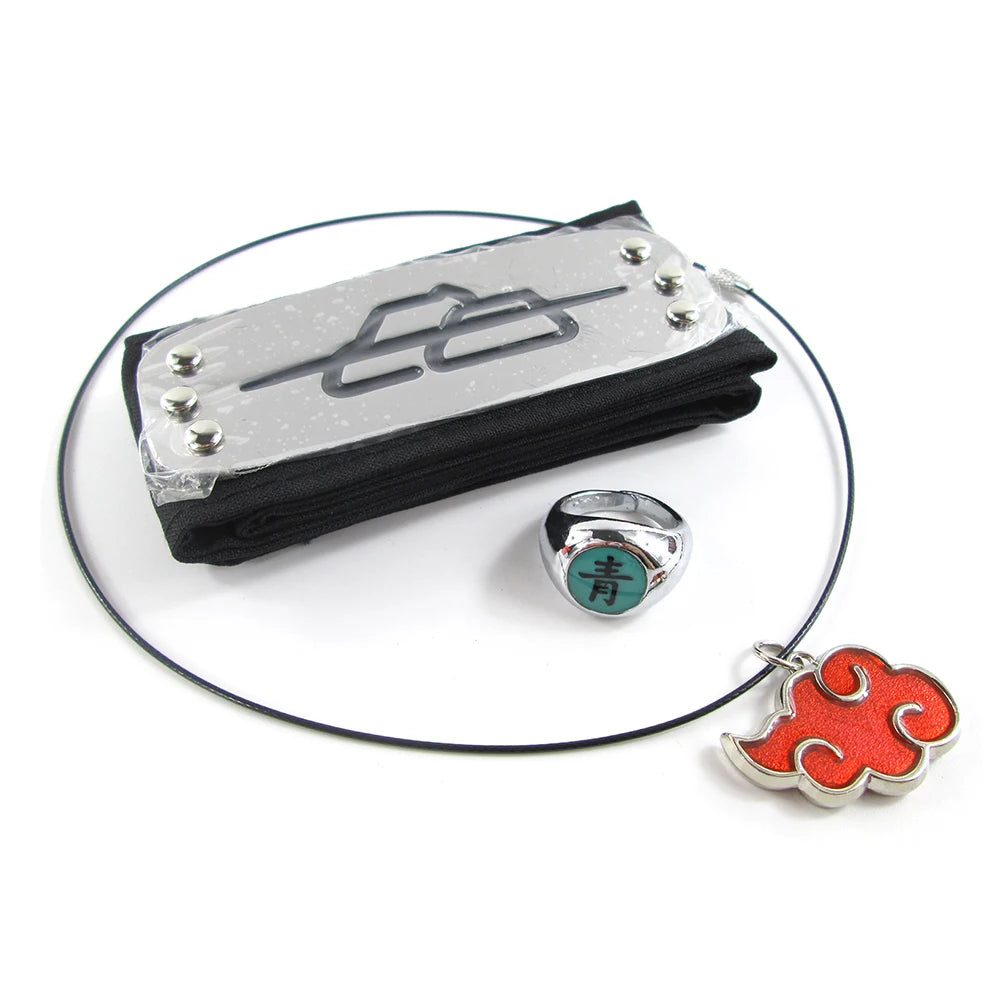 Brdwn Akatsuki Itachi Konoha Pain Deidara Hidan Orochimaru Cosplay Headband Red Cloud Necklace Ring 3Pcs/Set