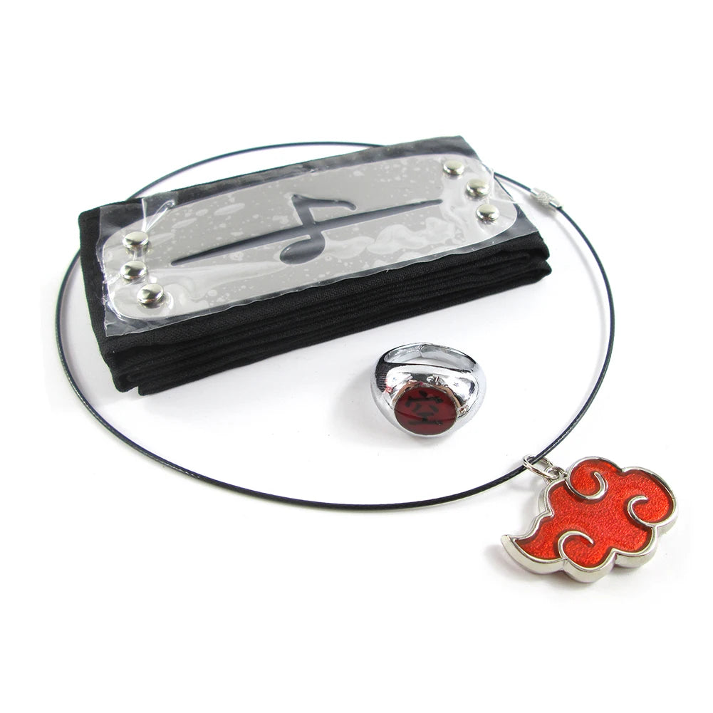 Brdwn Akatsuki Itachi Konoha Pain Deidara Hidan Orochimaru Cosplay Headband Red Cloud Necklace Ring 3Pcs/Set
