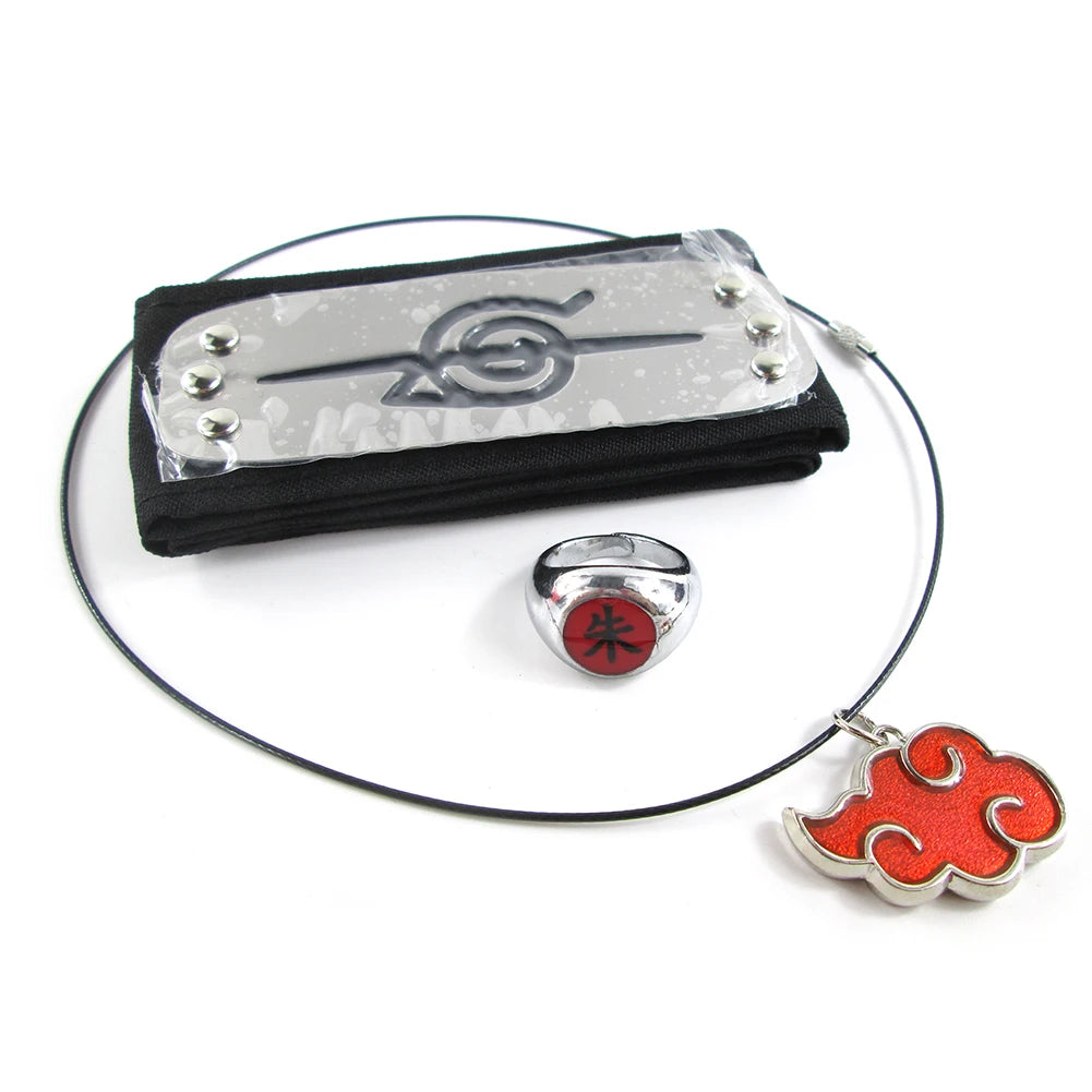 Brdwn Akatsuki Itachi Konoha Pain Deidara Hidan Orochimaru Cosplay Headband Red Cloud Necklace Ring 3Pcs/Set