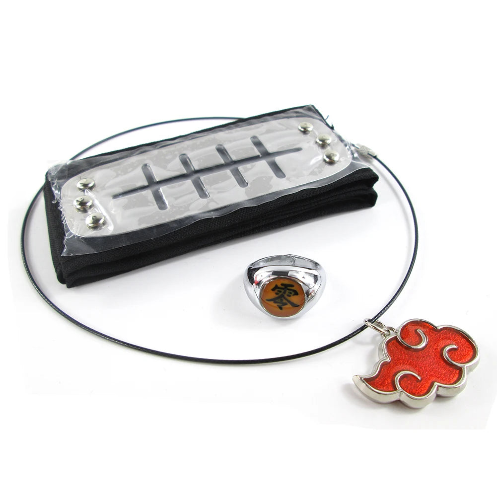 Brdwn Akatsuki Itachi Konoha Pain Deidara Hidan Orochimaru Cosplay Headband Red Cloud Necklace Ring 3Pcs/Set