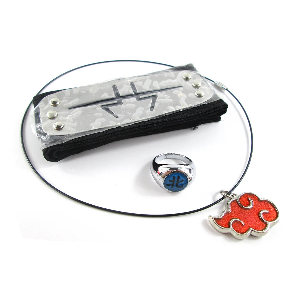 Brdwn Akatsuki Itachi Konoha Pain Deidara Hidan Orochimaru Cosplay Headband Red Cloud Necklace Ring 3Pcs/Set