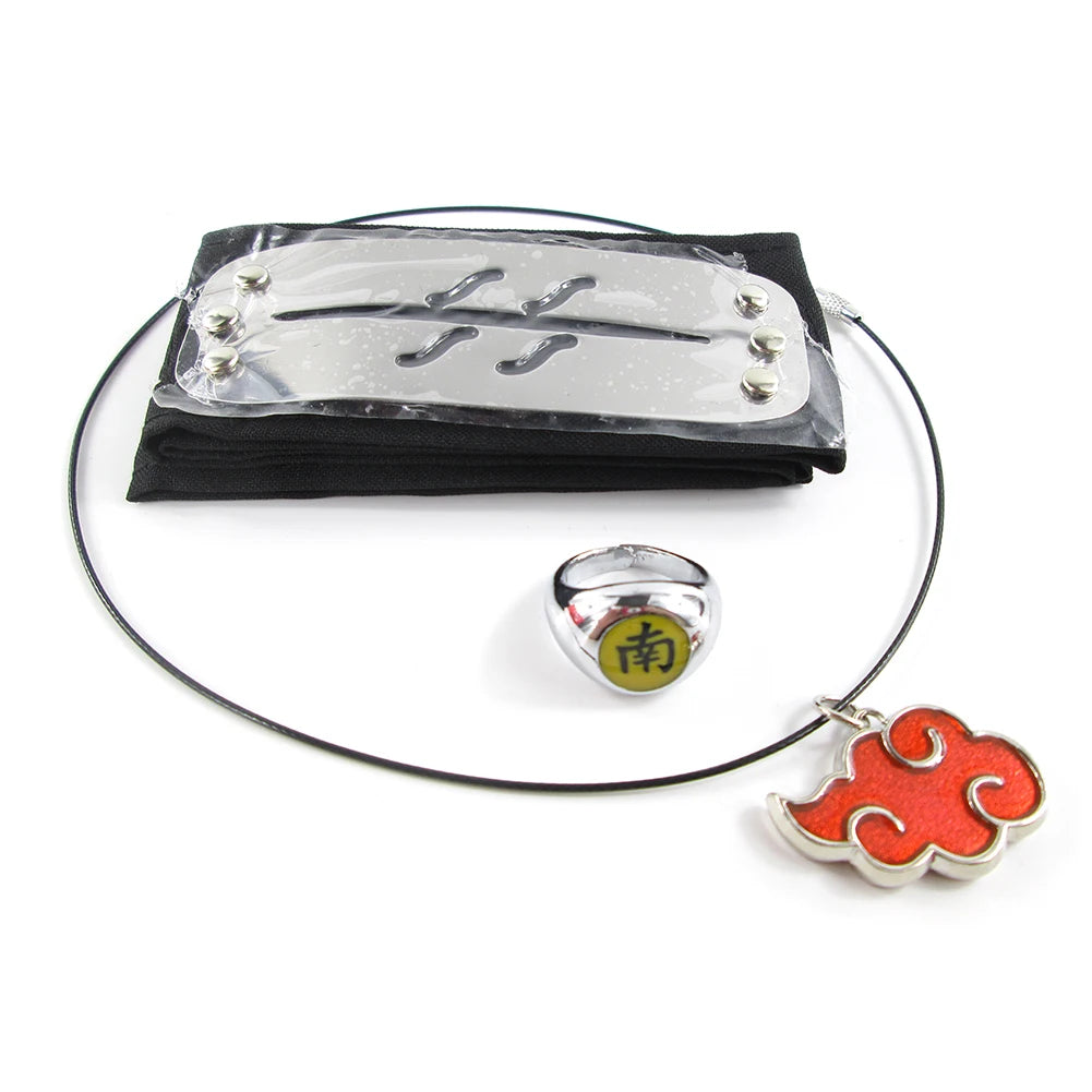 Brdwn Akatsuki Itachi Konoha Pain Deidara Hidan Orochimaru Cosplay Headband Red Cloud Necklace Ring 3Pcs/Set